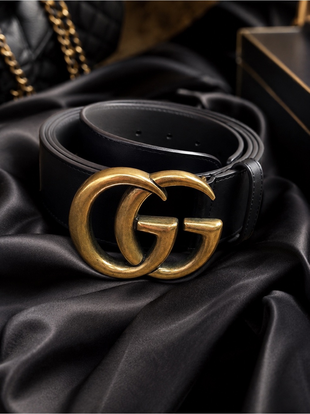 Gucci GG Marmont Wide Leather Belt Black 40mm Antique Brass Double G 120